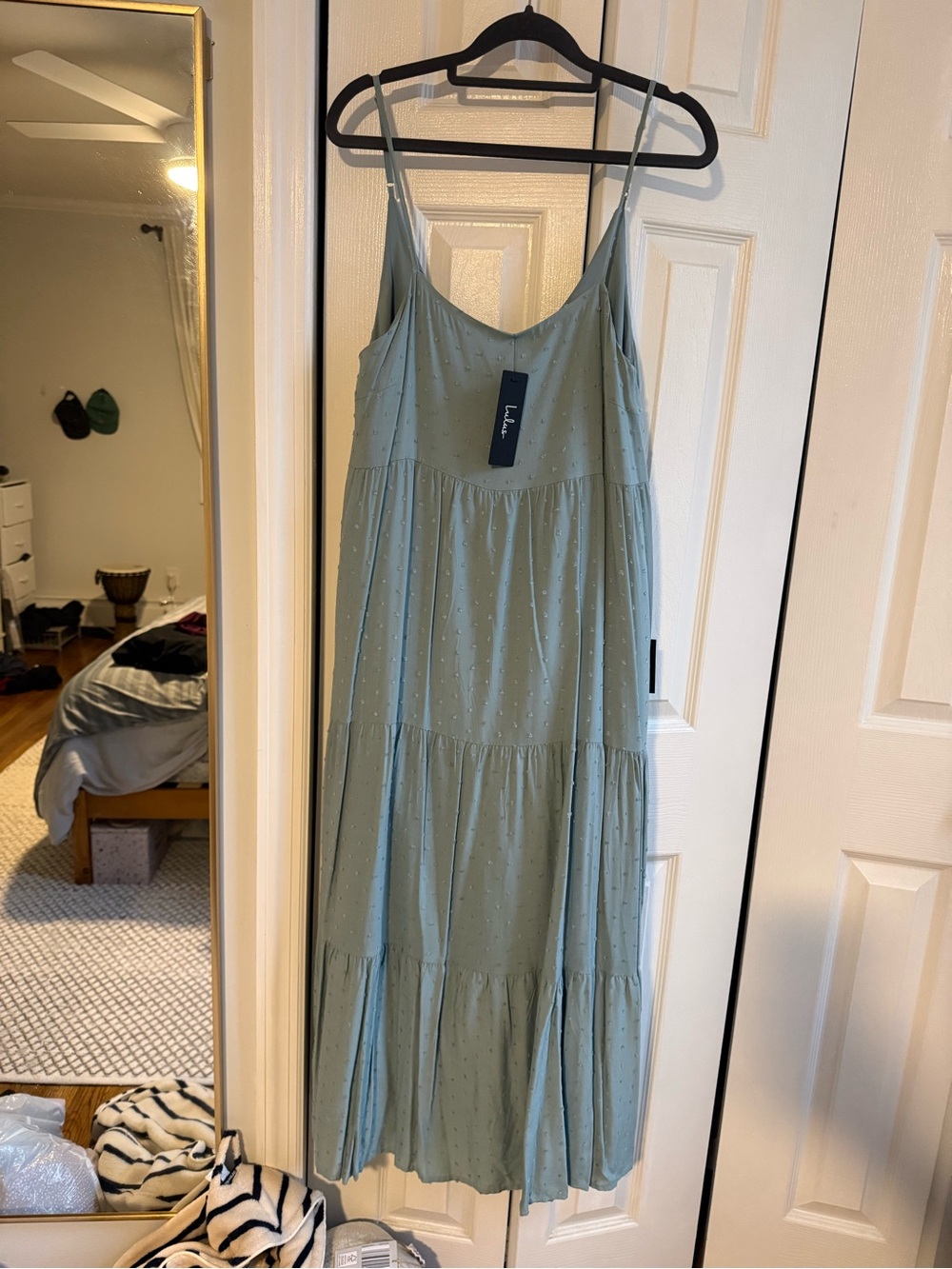 Lulu's Sage Blue Swiss Dot Tiered Midi Dress - Picture 7 of 7